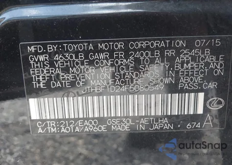 2015 Lexus Is 250 from USA, damaged, VIN JTHBF1D24F5080549